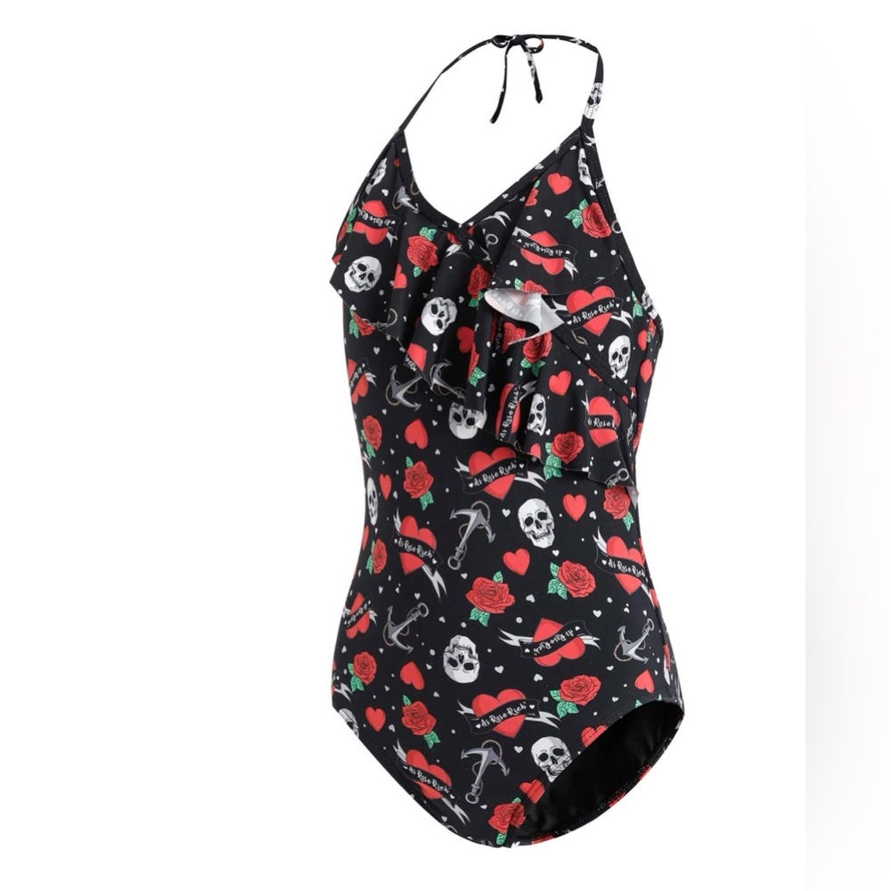NWT As Rose Rich one piece black red heart rose ruffle swimsuit. Size 16.